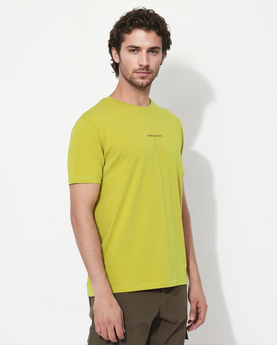 Rare Rabbit Men's Rabbit-Inf Flouroscent Green Cotton Blend Plain Regular Fit Half Sleeve Crew Neck T-Shirt
