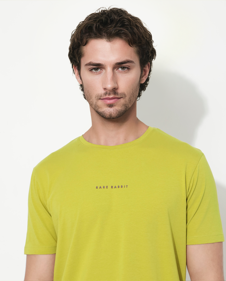Rare Rabbit Men's Rabbit-Inf Flouroscent Green Cotton Blend Plain Regular Fit Half Sleeve Crew Neck T-Shirt