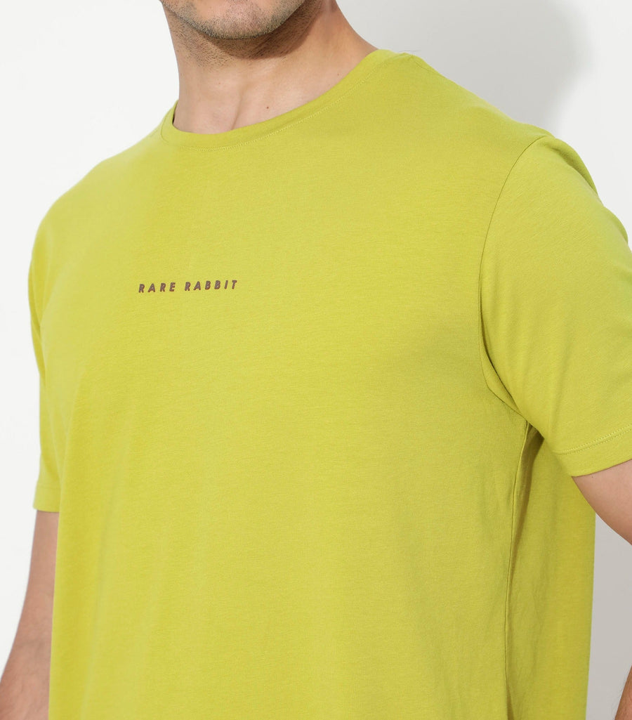 Rare Rabbit Men's Rabbit-Inf Flouroscent Green Cotton Blend Plain Regular Fit Half Sleeve Crew Neck T-Shirt