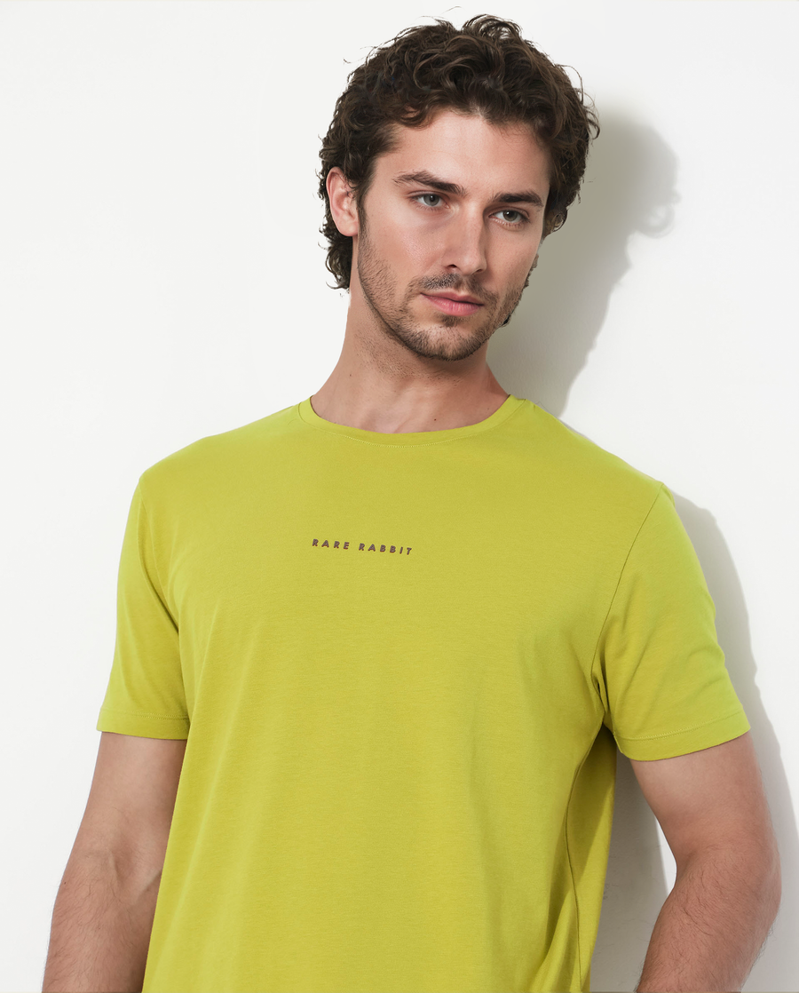Rare Rabbit Men's Rabbit-Inf Flouroscent Green Cotton Blend Plain Regular Fit Half Sleeve Crew Neck T-Shirt