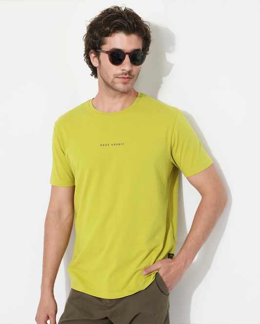 Rare Rabbit Men's Rabbit-Inf Flouroscent Green Cotton Blend Plain Regular Fit Half Sleeve Crew Neck T-Shirt
