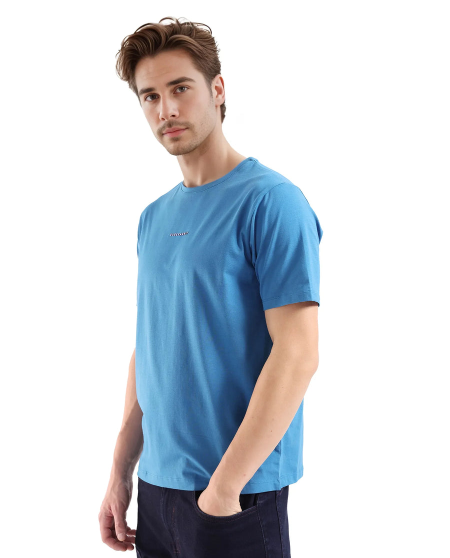 Rare Rabbit Men's Rabbit-Inf Petrol Cotton Blend Plain Regular Fit Half Sleeve Crew Neck T-Shirt