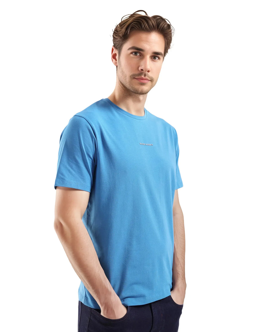 Rare Rabbit Men's Rabbit-Inf Petrol Cotton Blend Plain Regular Fit Half Sleeve Crew Neck T-Shirt