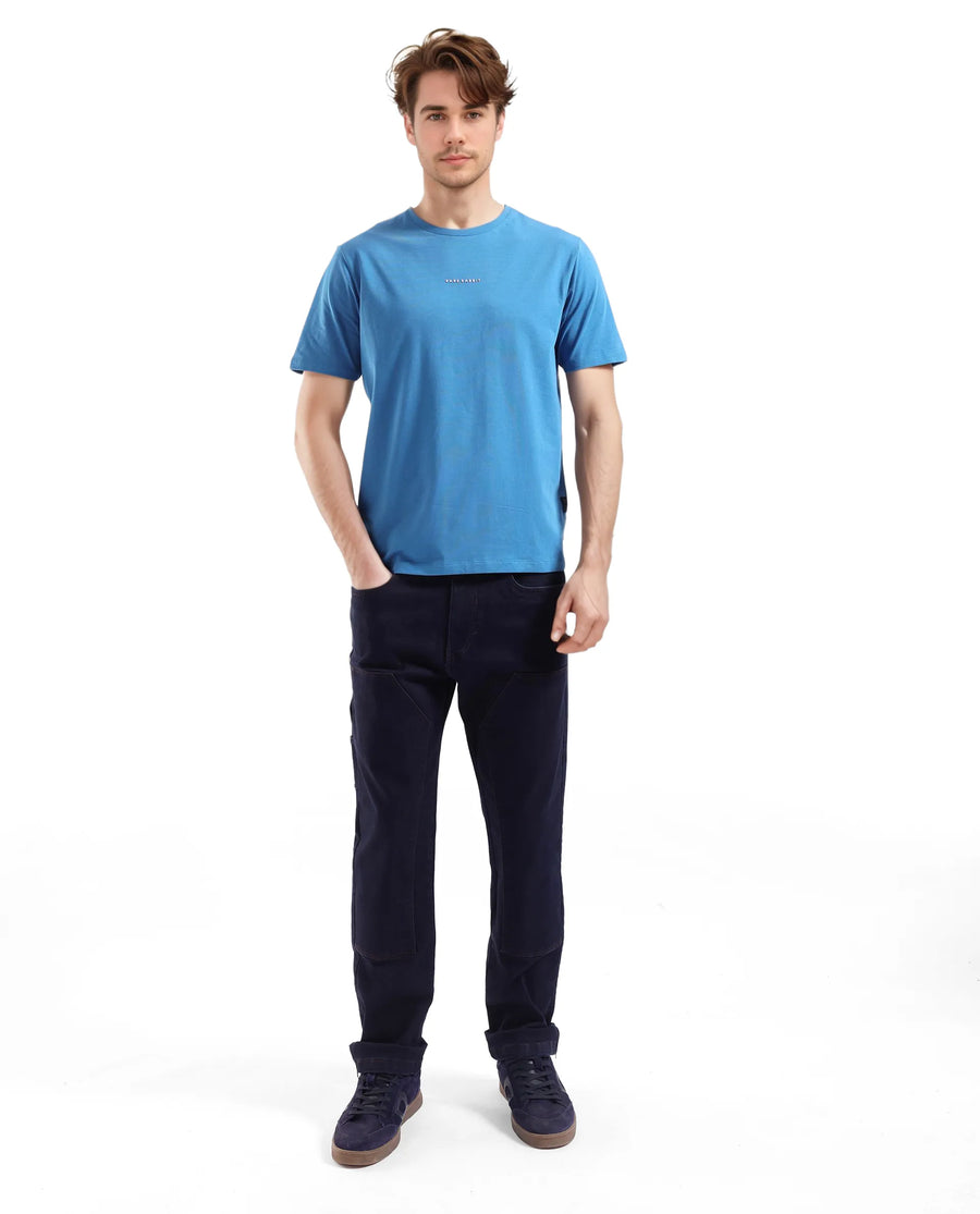 Rare Rabbit Men's Rabbit-Inf Petrol Cotton Blend Plain Regular Fit Half Sleeve Crew Neck T-Shirt