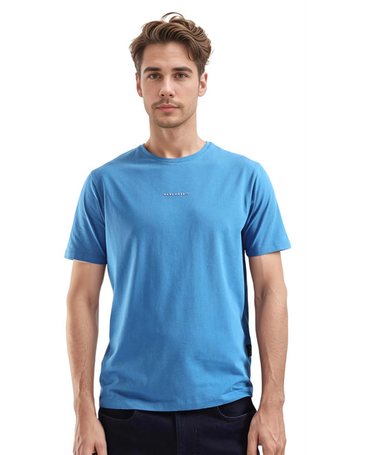 Rare Rabbit Men's Rabbit-Inf Petrol Cotton Blend Plain Regular Fit Half Sleeve Crew Neck T-Shirt