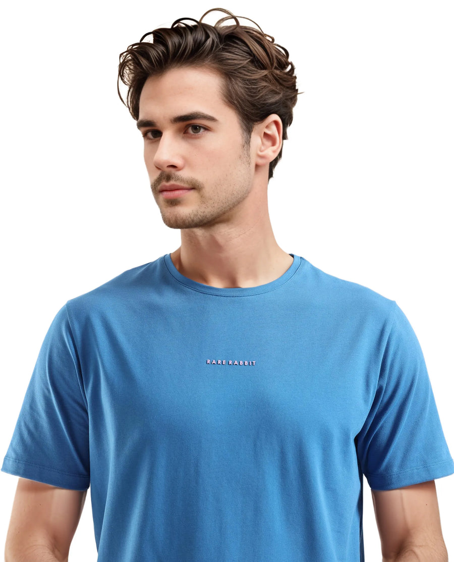 Rare Rabbit Men's Rabbit-Inf Petrol Cotton Blend Plain Regular Fit Half Sleeve Crew Neck T-Shirt