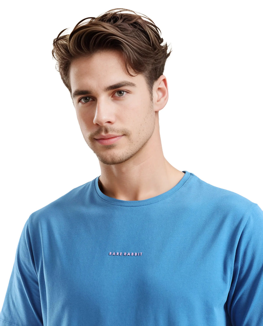 Rare Rabbit Men's Rabbit-Inf Petrol Cotton Blend Plain Regular Fit Half Sleeve Crew Neck T-Shirt