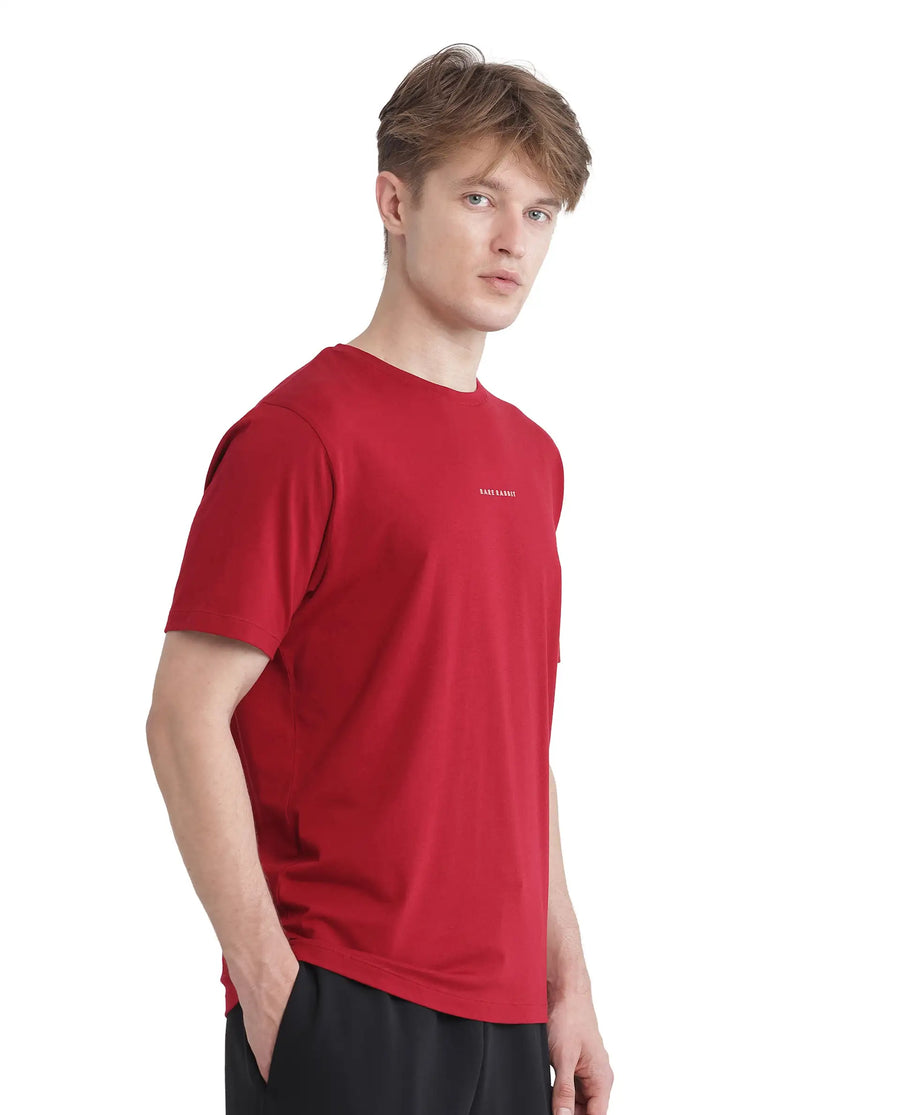 Rare Rabbit Men's Rabbit-Inf Red Cotton Plain Regular Fit Half Sleeve Crew Neck T-Shirt
