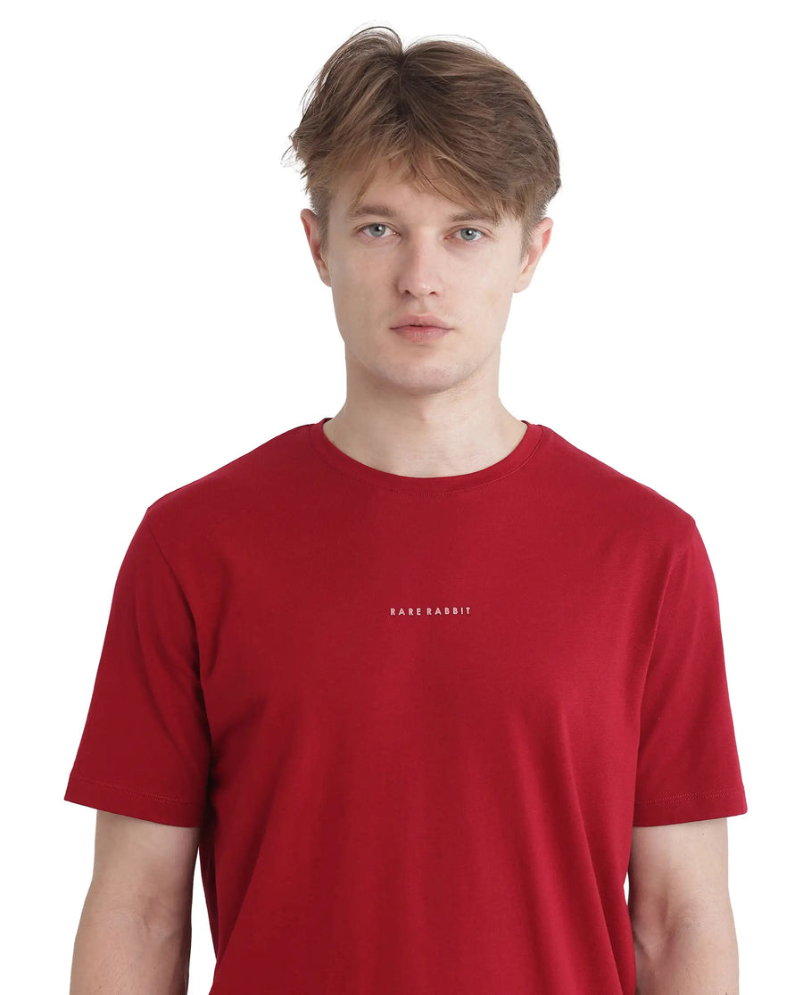 Rare Rabbit Men's Rabbit-Inf Red Cotton Plain Regular Fit Half Sleeve Crew Neck T-Shirt