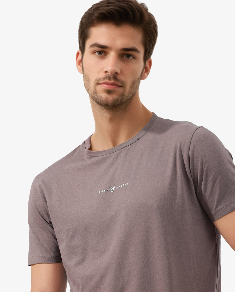 Rare Rabbit Men's Rabbitz Brown Cotton Blend Plain Regular Fit Half Sleeve Crew Neck T-Shirt