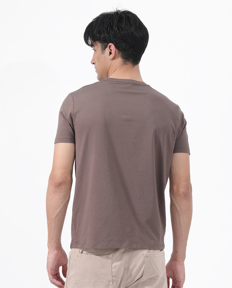 Rare Rabbit Men's Rabbitz Brown Cotton Blend Plain Regular Fit Half Sleeve Crew Neck T-Shirt