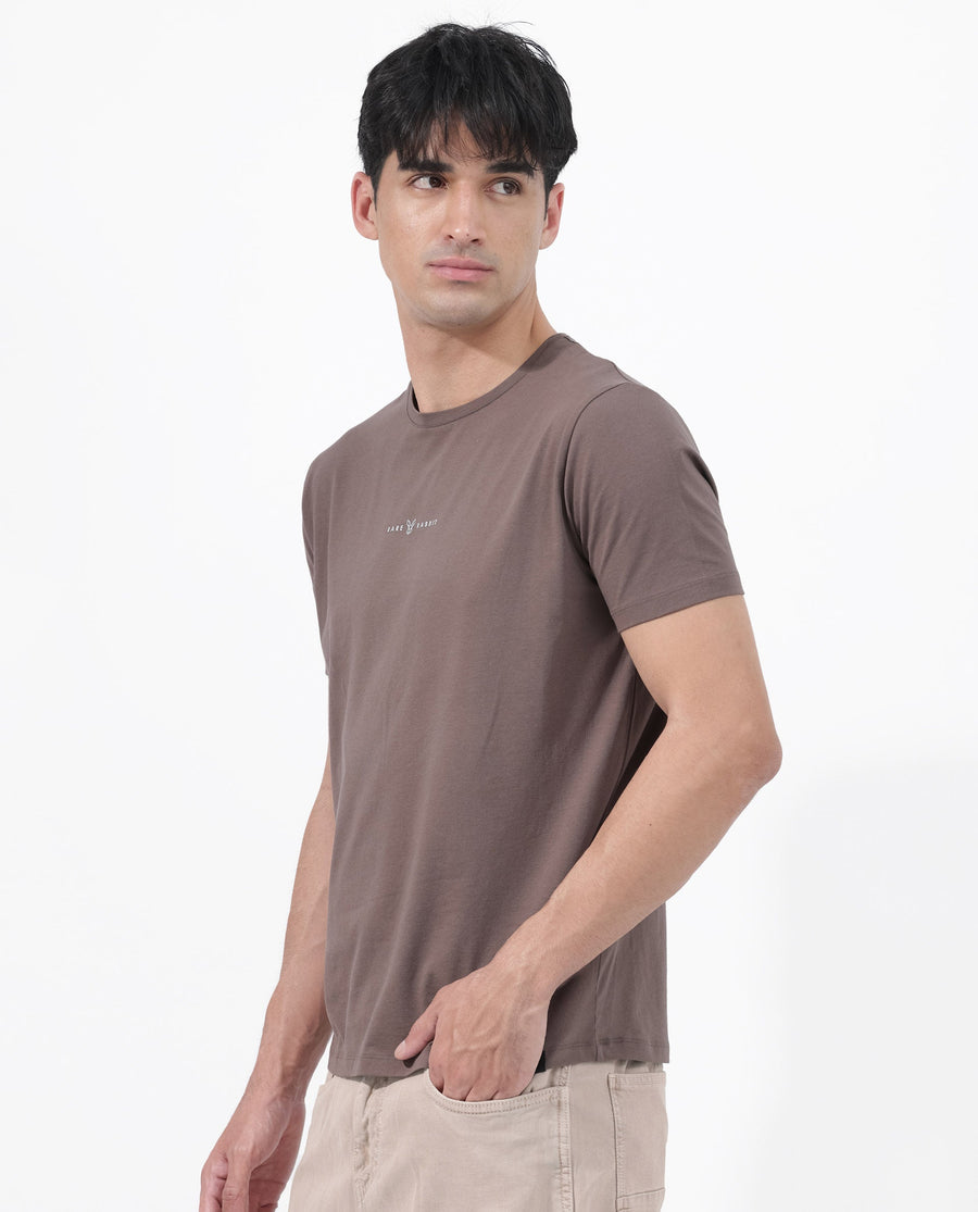 Rare Rabbit Men's Rabbitz Brown Cotton Blend Plain Regular Fit Half Sleeve Crew Neck T-Shirt