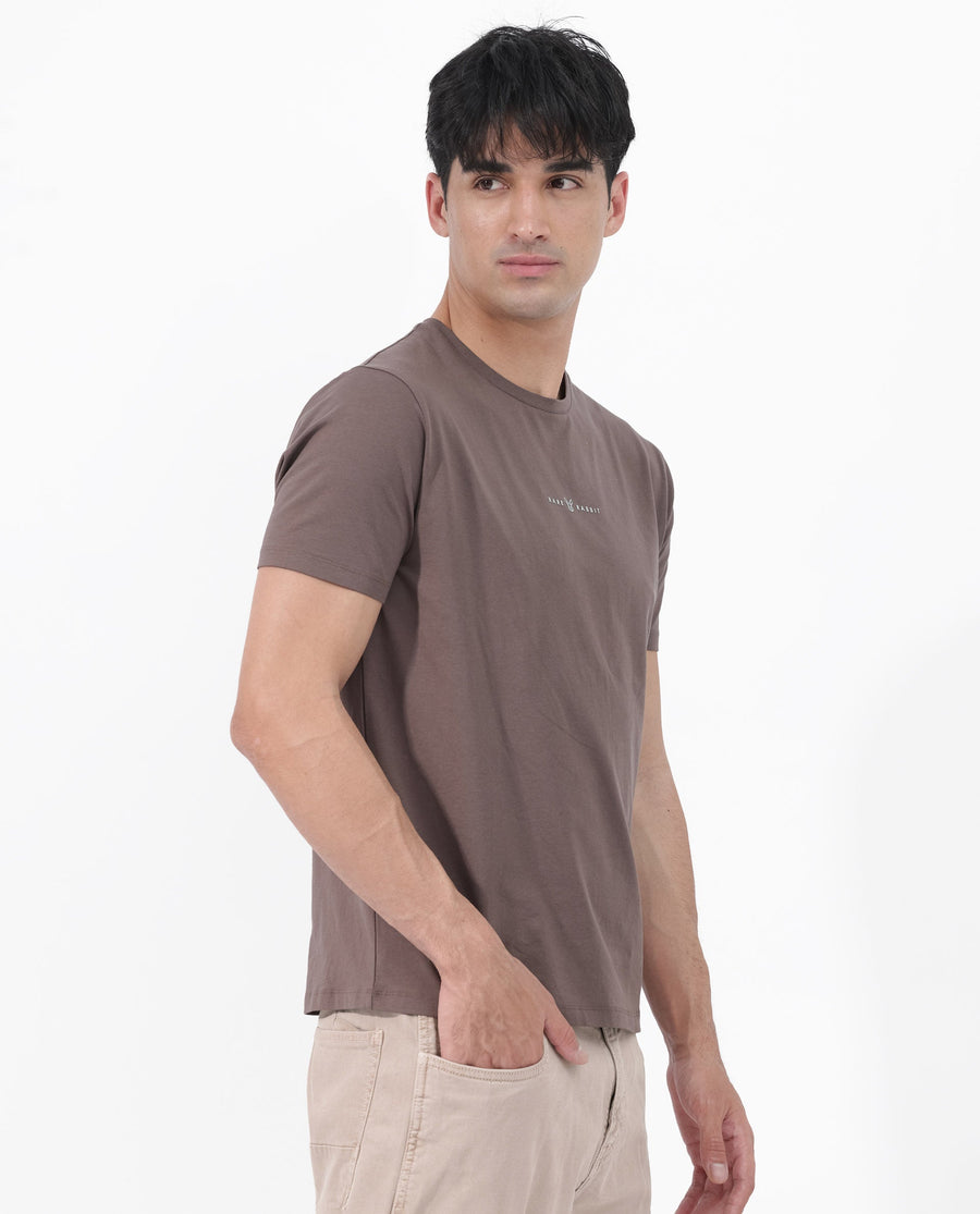 Rare Rabbit Men's Rabbitz Brown Cotton Blend Plain Regular Fit Half Sleeve Crew Neck T-Shirt