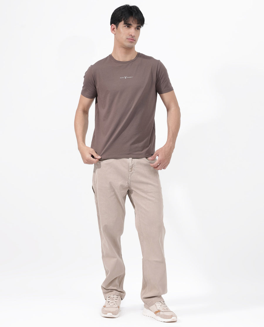 Rare Rabbit Men's Rabbitz Brown Cotton Blend Plain Regular Fit Half Sleeve Crew Neck T-Shirt
