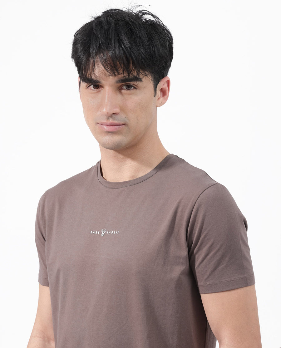 Rare Rabbit Men's Rabbitz Brown Cotton Blend Plain Regular Fit Half Sleeve Crew Neck T-Shirt
