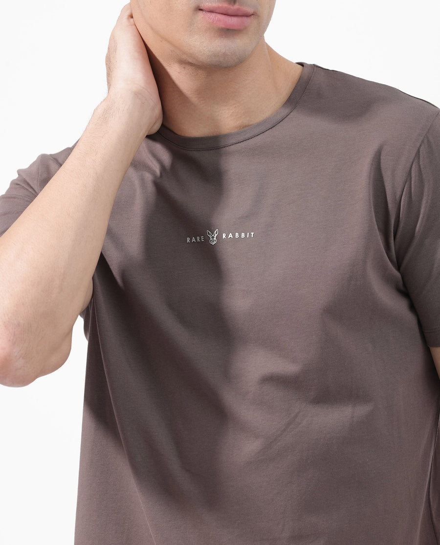Rare Rabbit Men's Rabbitz Brown Cotton Blend Plain Regular Fit Half Sleeve Crew Neck T-Shirt
