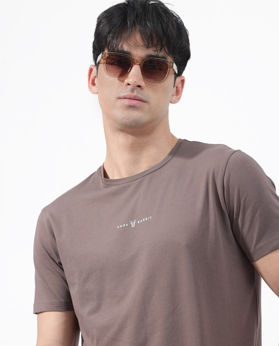 Rare Rabbit Men's Rabbitz Brown Cotton Blend Plain Regular Fit Half Sleeve Crew Neck T-Shirt
