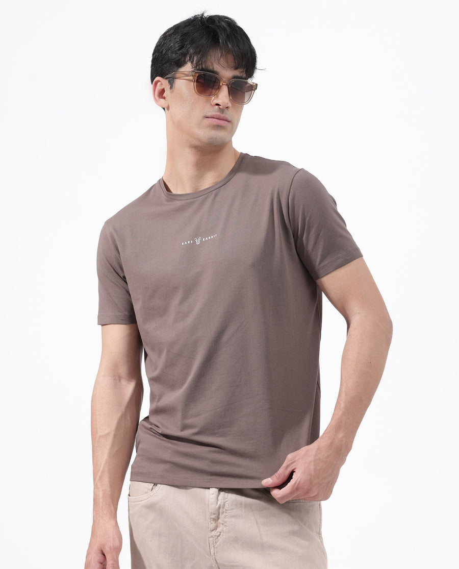 Rare Rabbit Men's Rabbitz Brown Cotton Blend Plain Regular Fit Half Sleeve Crew Neck T-Shirt