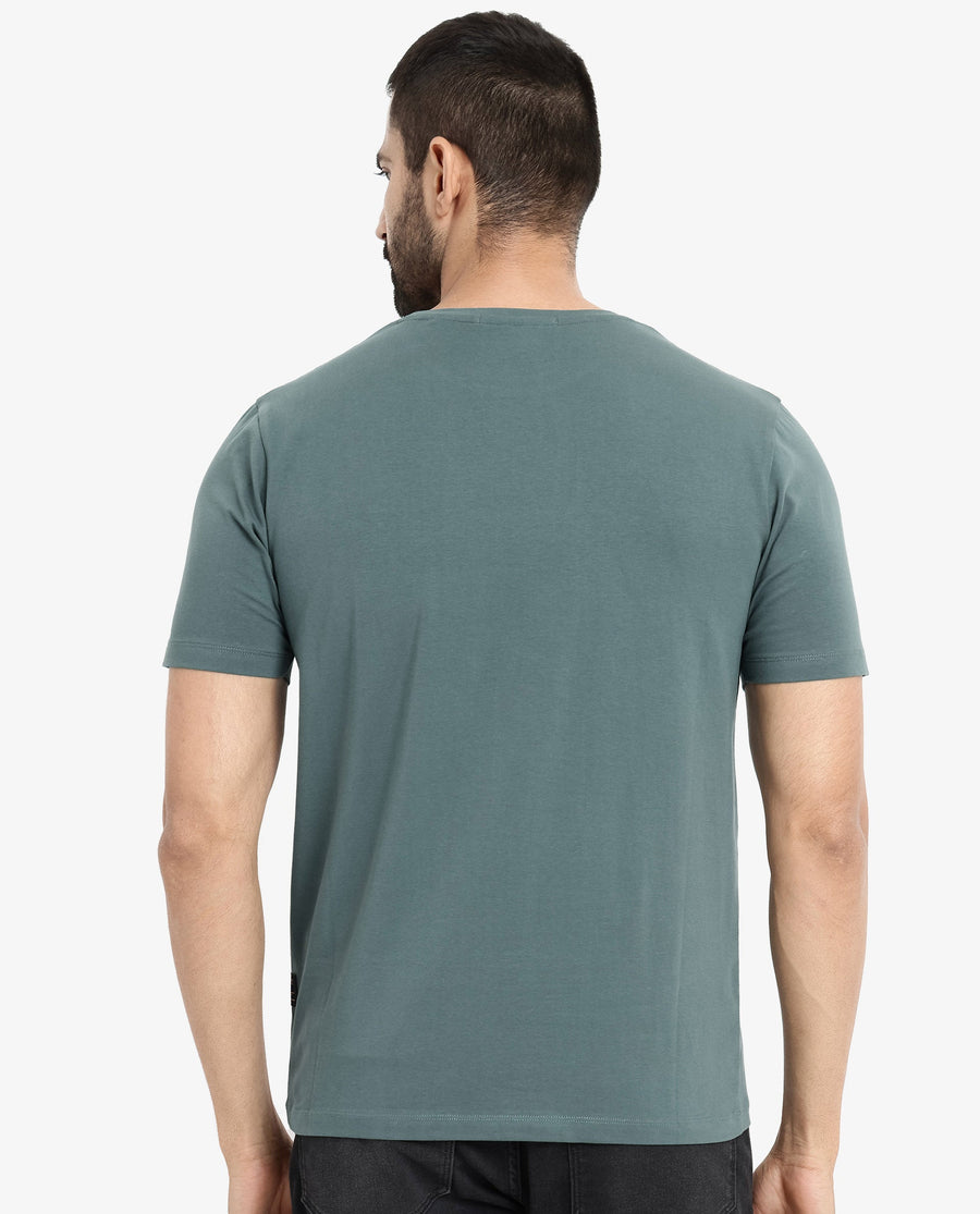 Rare Rabbit Men's Rabo Teal Cotton Graphic Print Regular Fit Half Sleeve Crew Neck T-Shirt