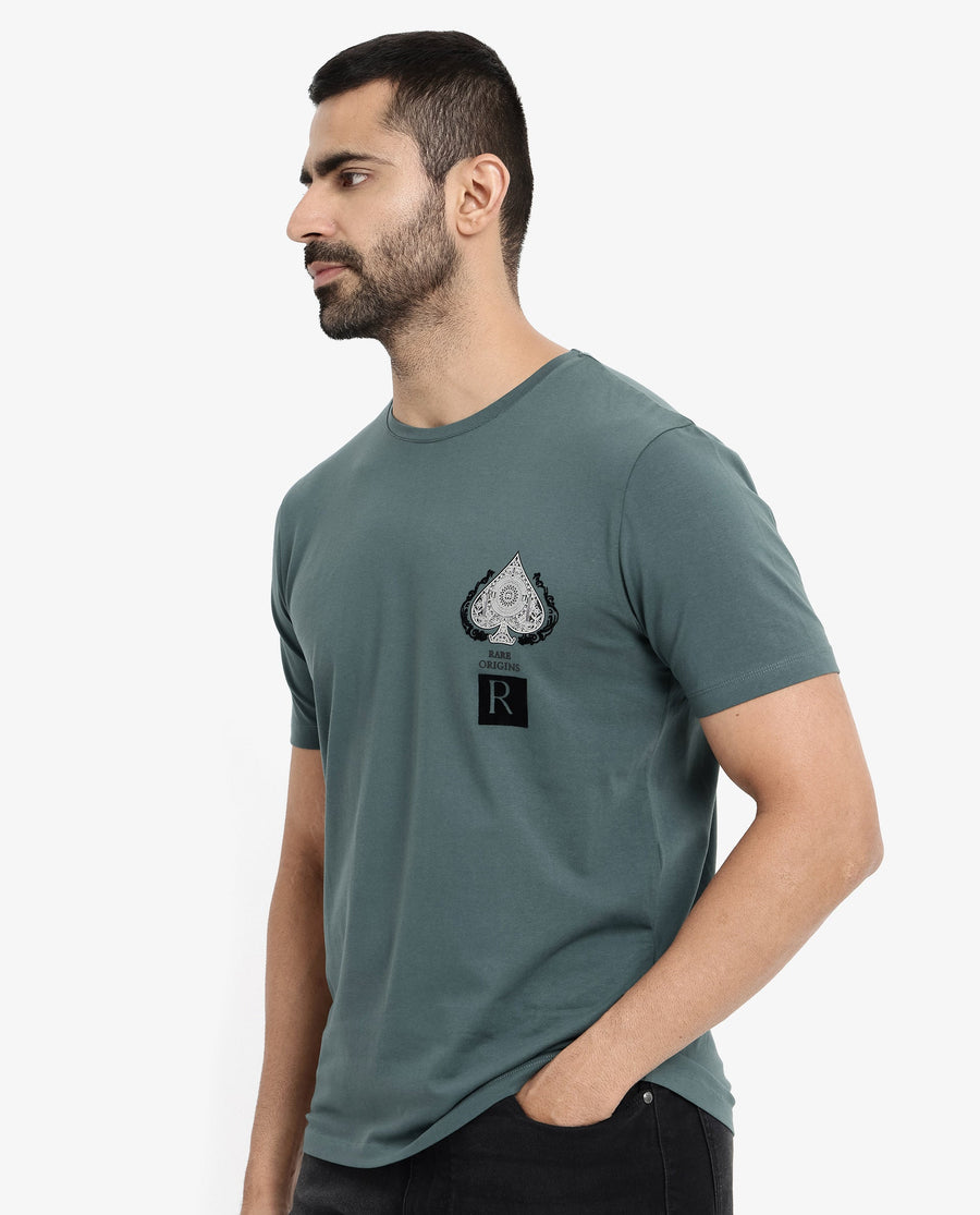 Rare Rabbit Men's Rabo Teal Cotton Graphic Print Regular Fit Half Sleeve Crew Neck T-Shirt