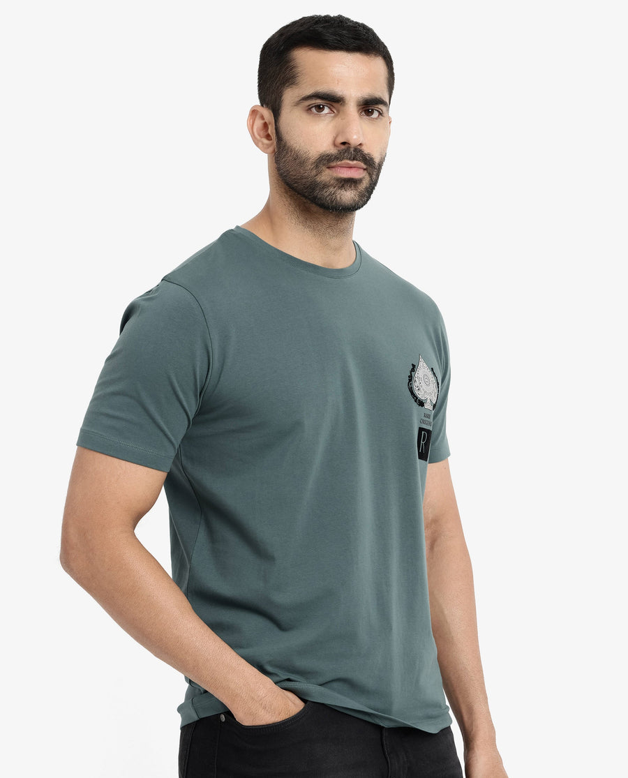 Rare Rabbit Men's Rabo Teal Cotton Graphic Print Regular Fit Half Sleeve Crew Neck T-Shirt