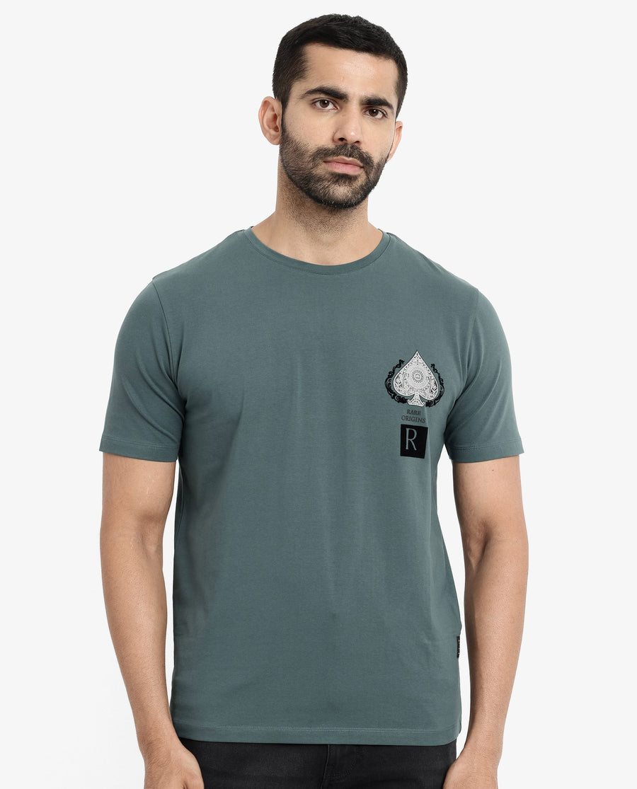 Rare Rabbit Men's Rabo Teal Cotton Graphic Print Regular Fit Half Sleeve Crew Neck T-Shirt