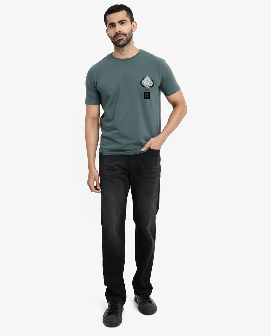 Rare Rabbit Men's Rabo Teal Cotton Graphic Print Regular Fit Half Sleeve Crew Neck T-Shirt