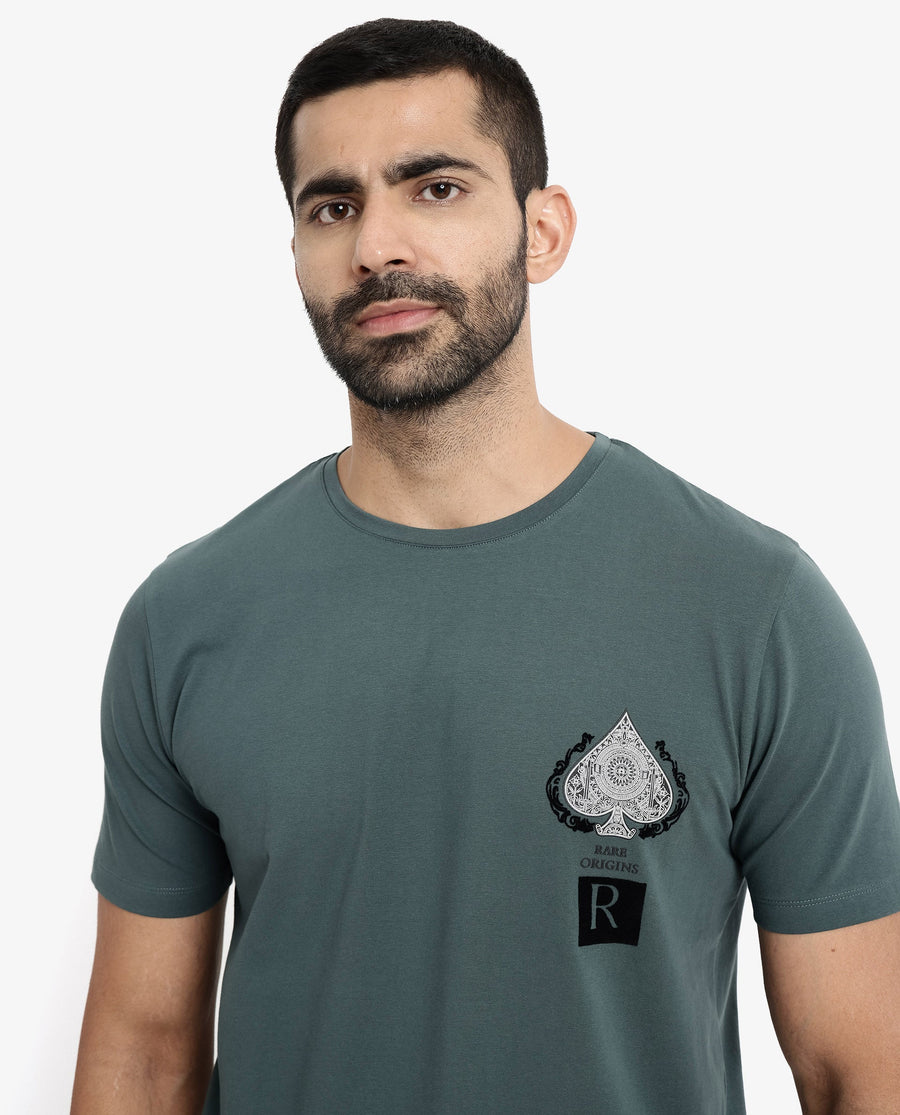 Rare Rabbit Men's Rabo Teal Cotton Graphic Print Regular Fit Half Sleeve Crew Neck T-Shirt