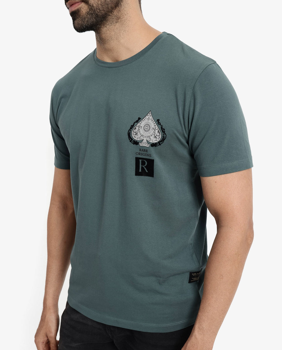 Rare Rabbit Men's Rabo Teal Cotton Graphic Print Regular Fit Half Sleeve Crew Neck T-Shirt