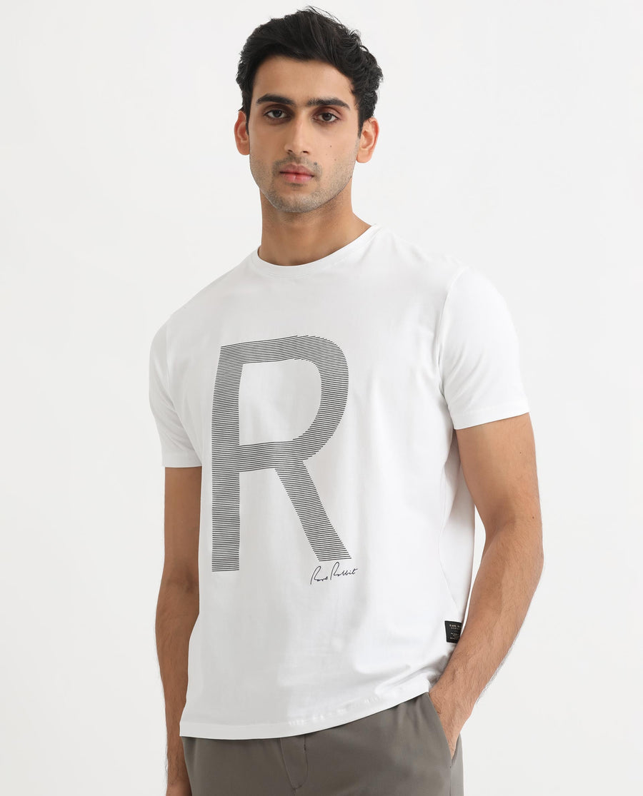 Rare Rabbit Men's Radd White Cotton Graphic Print Regular Fit Half Sleeve Crew Neck T-Shirt