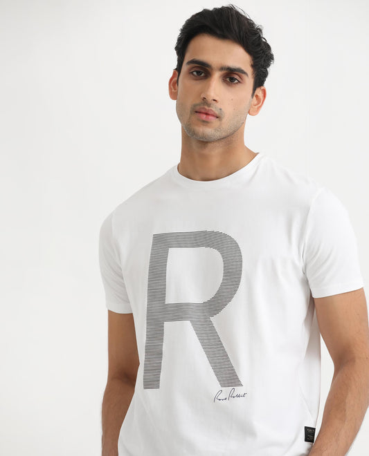 Rare Rabbit Men's Radd White Cotton Graphic Print Regular Fit Half Sleeve Crew Neck T-Shirt