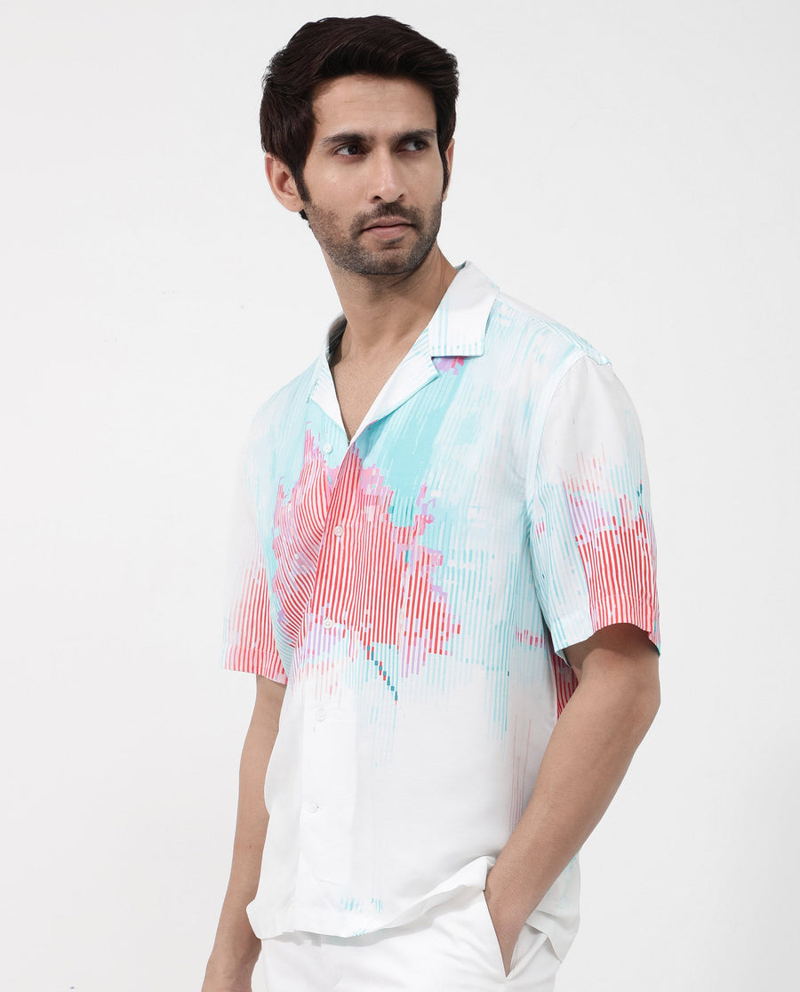Rare Rabbit Men's Radet White Viscose Abstract Print Boxy Fit Half Sleeve Cuban Collar Shirt