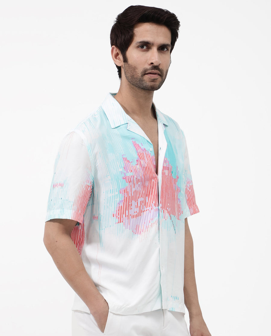 Rare Rabbit Men's Radet White Viscose Abstract Print Boxy Fit Half Sleeve Cuban Collar Shirt