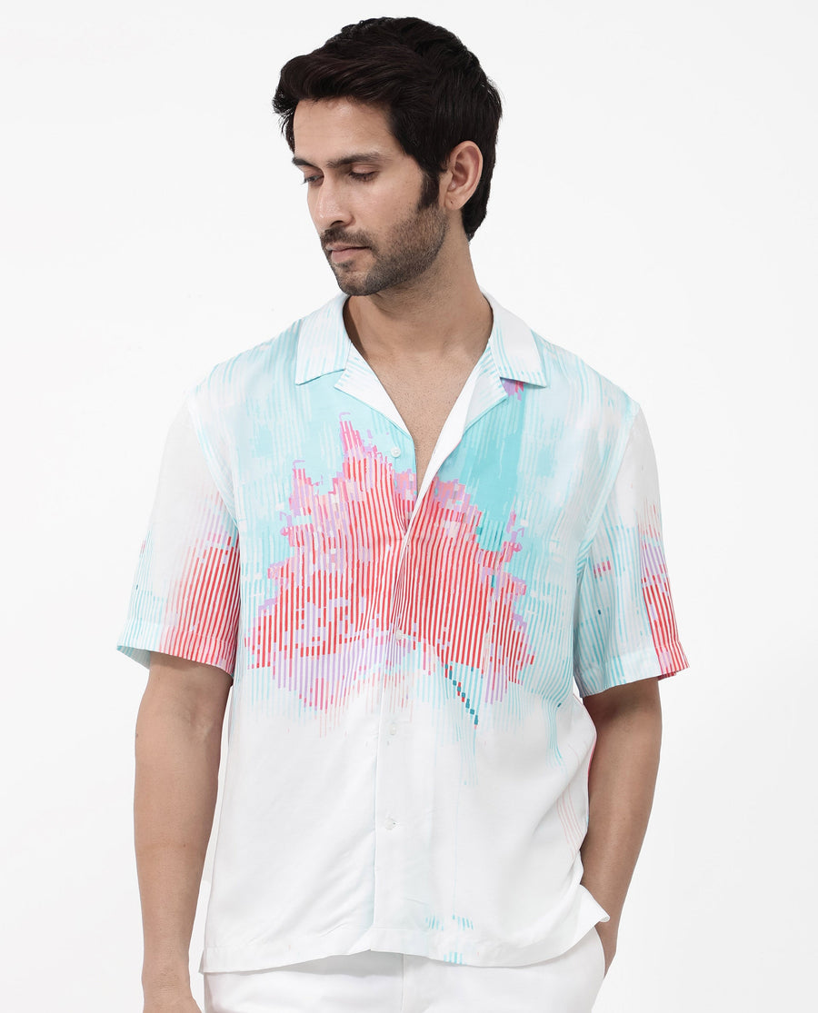 Rare Rabbit Men's Radet White Viscose Abstract Print Boxy Fit Half Sleeve Cuban Collar Shirt
