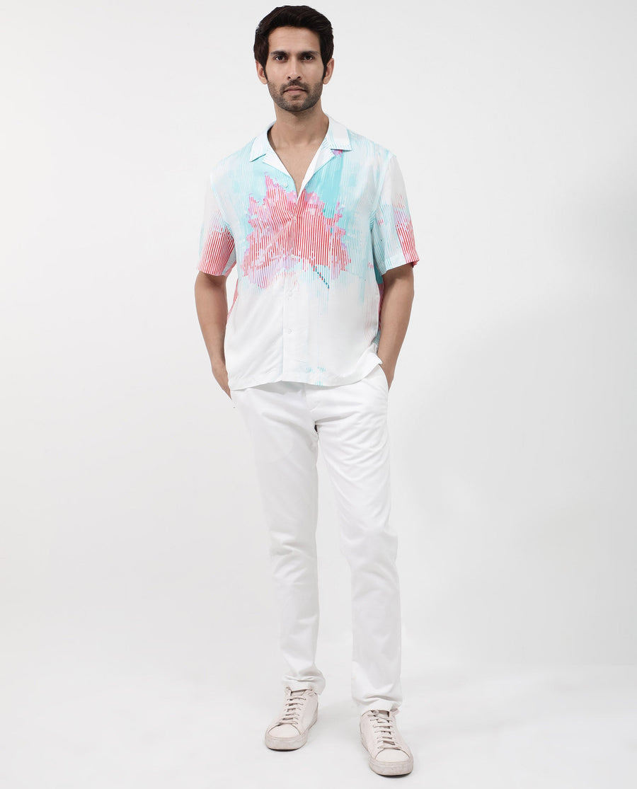 Rare Rabbit Men's Radet White Viscose Abstract Print Boxy Fit Half Sleeve Cuban Collar Shirt