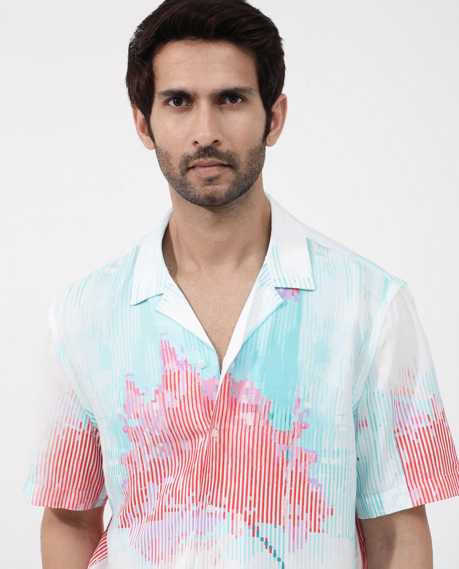 Rare Rabbit Men's Radet White Viscose Abstract Print Boxy Fit Half Sleeve Cuban Collar Shirt