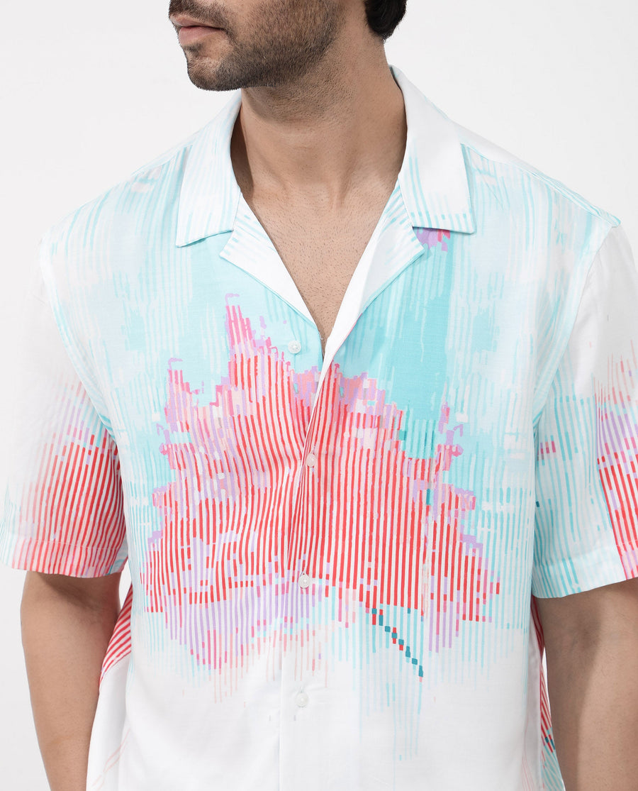 Rare Rabbit Men's Radet White Viscose Abstract Print Boxy Fit Half Sleeve Cuban Collar Shirt