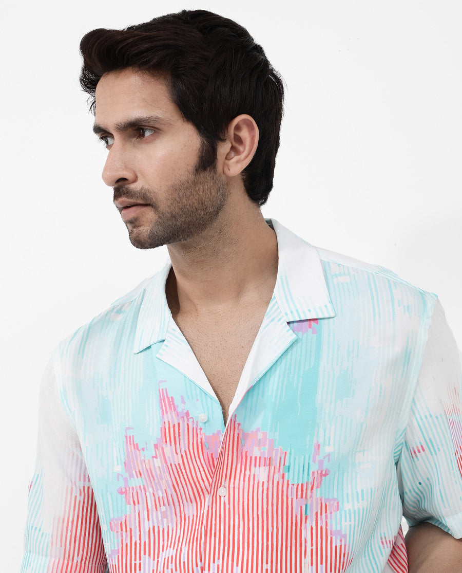 Rare Rabbit Men's Radet White Viscose Abstract Print Boxy Fit Half Sleeve Cuban Collar Shirt