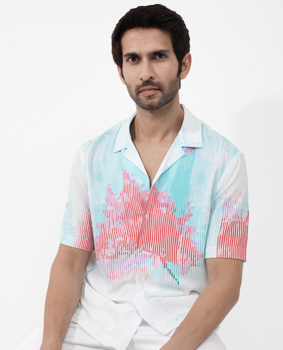 Rare Rabbit Men's Radet White Viscose Abstract Print Boxy Fit Half Sleeve Cuban Collar Shirt