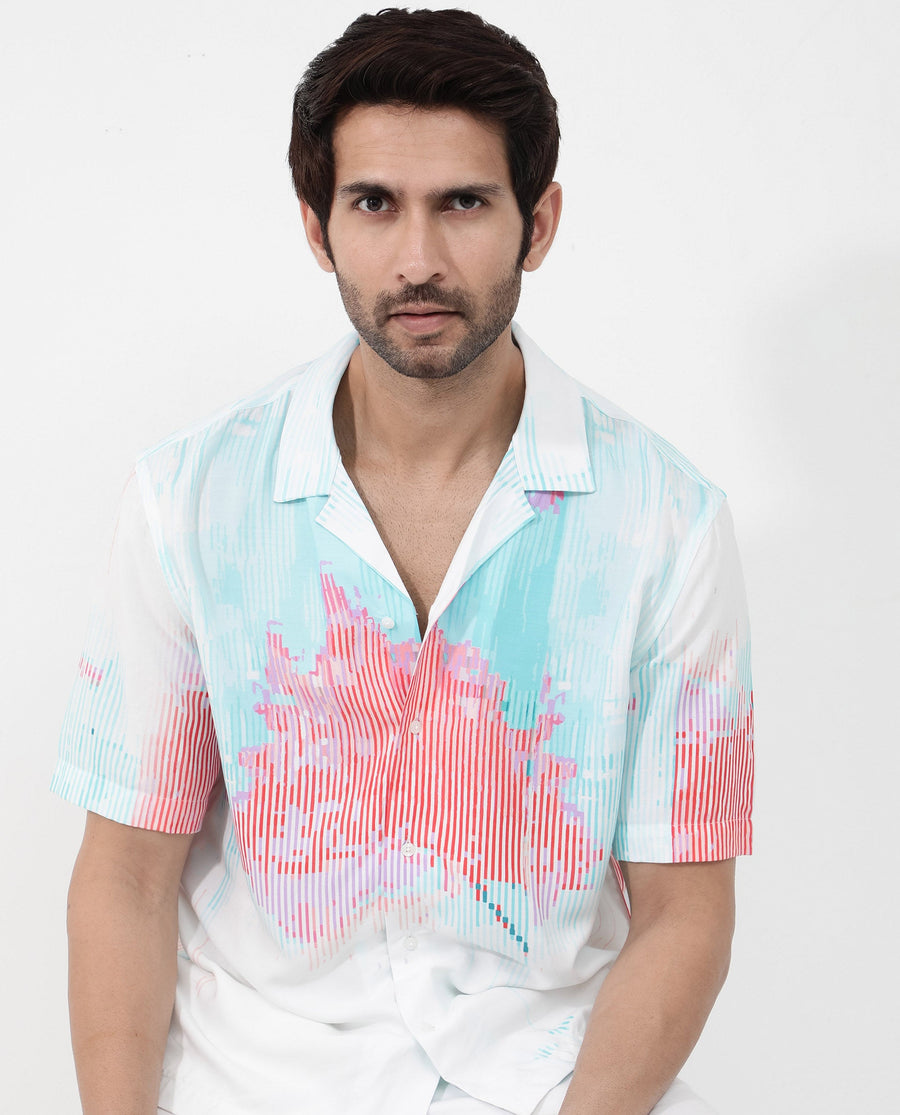 Rare Rabbit Men's Radet White Viscose Abstract Print Boxy Fit Half Sleeve Cuban Collar Shirt