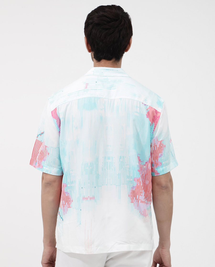 Rare Rabbit Men's Radet White Viscose Abstract Print Boxy Fit Half Sleeve Cuban Collar Shirt