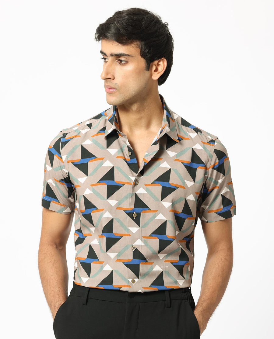 Rare Rabbit Men's Radium Beige Viscose Geometric Print Regular Fit Half Sleeve Collared Shirt