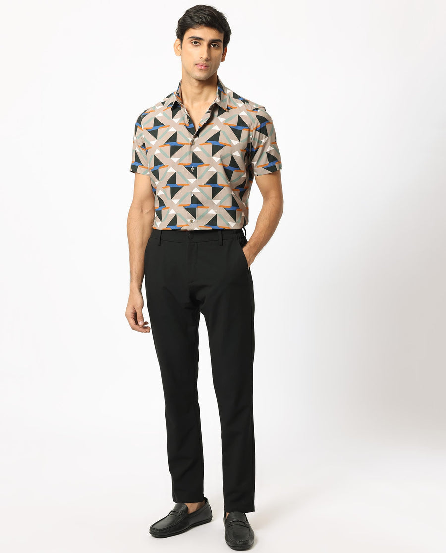 Rare Rabbit Men's Radium Beige Viscose Geometric Print Regular Fit Half Sleeve Collared Shirt