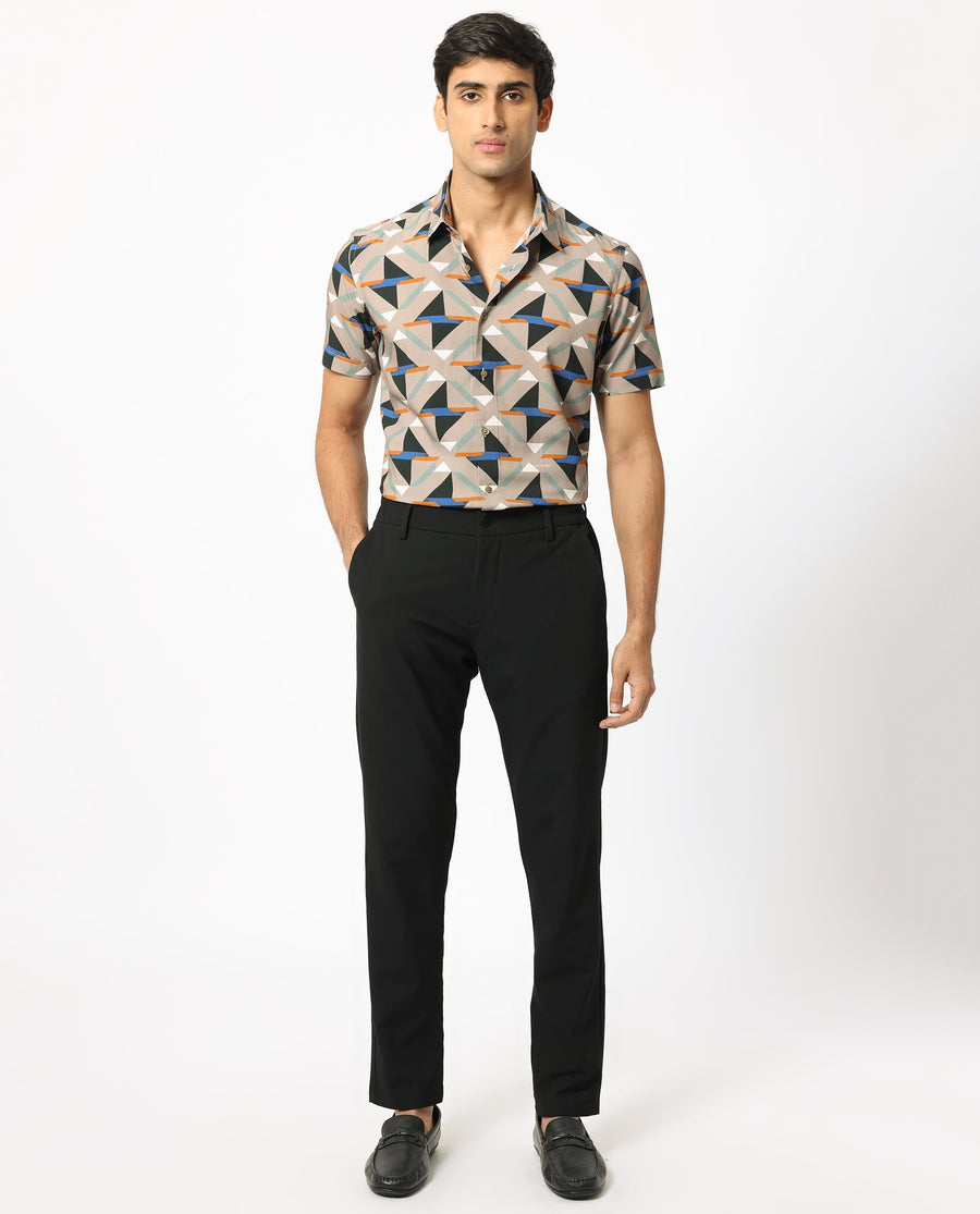 Rare Rabbit Men's Radium Beige Viscose Geometric Print Regular Fit Half Sleeve Collared Shirt
