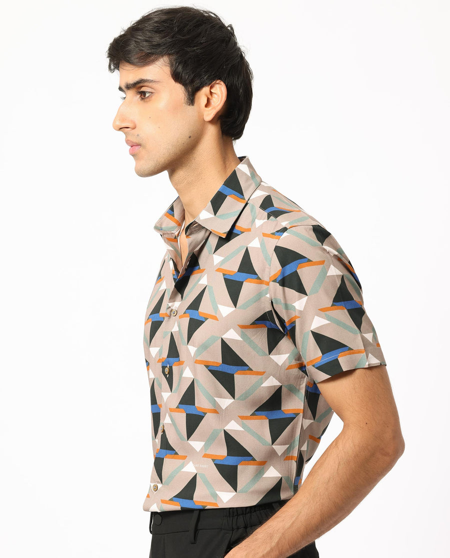 Rare Rabbit Men's Radium Beige Viscose Geometric Print Regular Fit Half Sleeve Collared Shirt