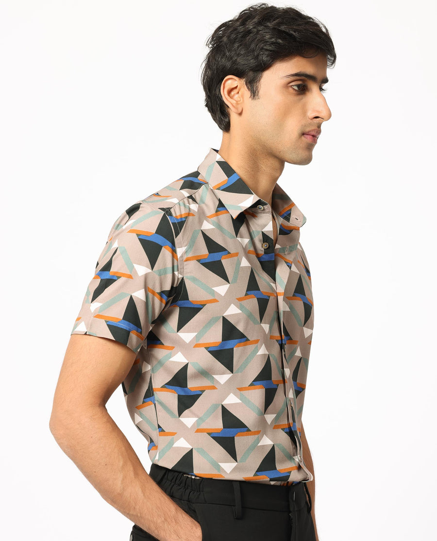 Rare Rabbit Men's Radium Beige Viscose Geometric Print Regular Fit Half Sleeve Collared Shirt