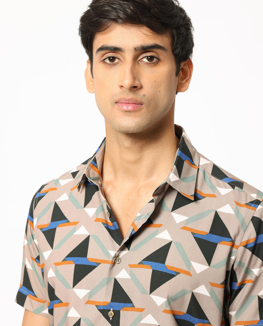 Rare Rabbit Men's Radium Beige Viscose Geometric Print Regular Fit Half Sleeve Collared Shirt