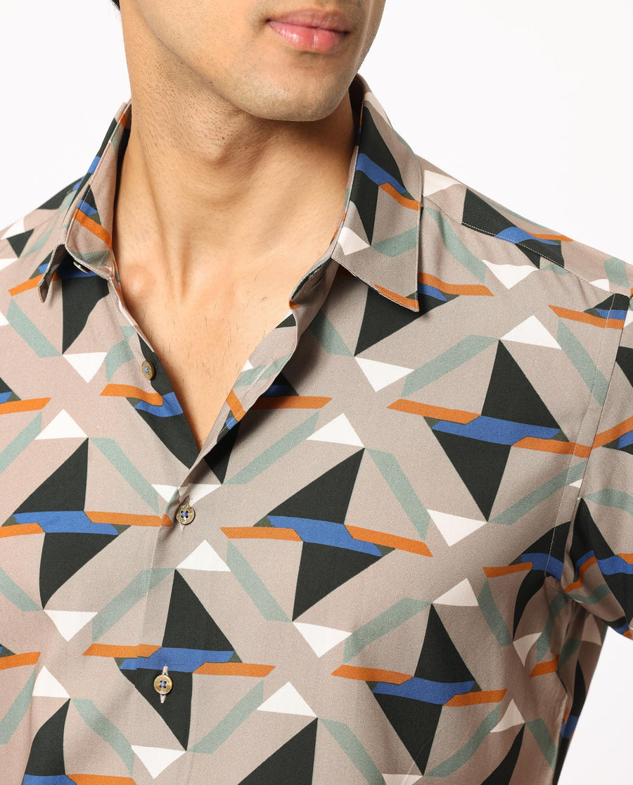 Rare Rabbit Men's Radium Beige Viscose Geometric Print Regular Fit Half Sleeve Collared Shirt