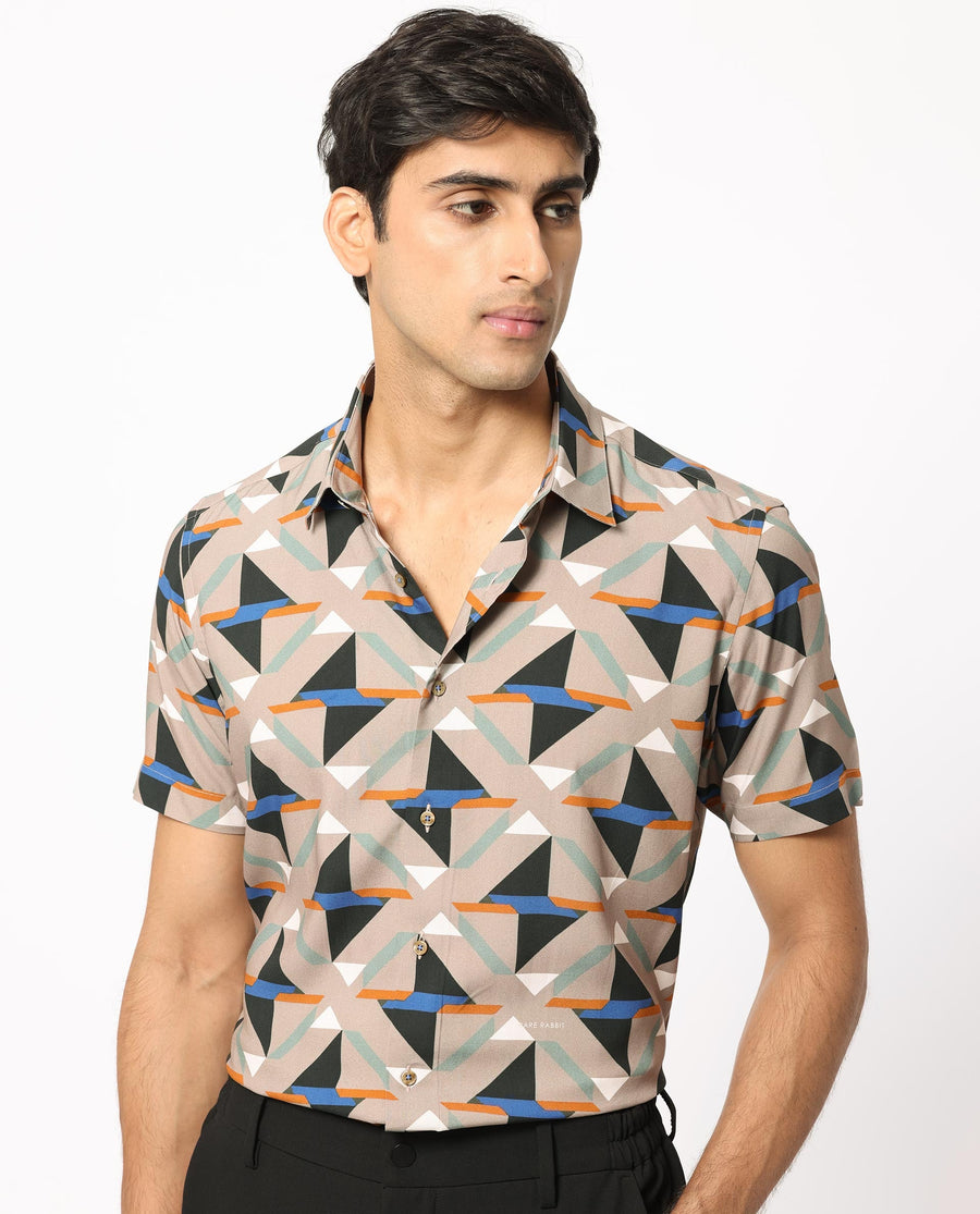 Rare Rabbit Men's Radium Beige Viscose Geometric Print Regular Fit Half Sleeve Collared Shirt