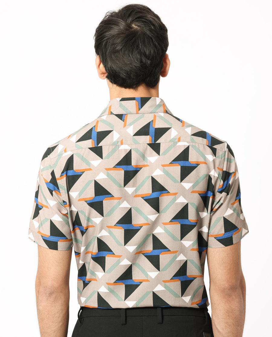 Rare Rabbit Men's Radium Beige Viscose Geometric Print Regular Fit Half Sleeve Collared Shirt